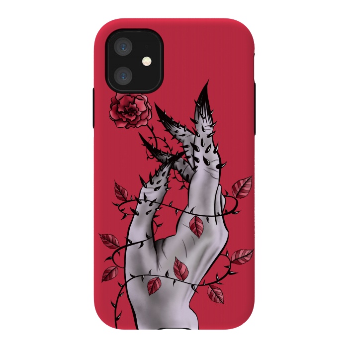 iPhone 11 StrongFit Deformed Hand With Thorns And Rose Horror Art by Boriana Giormova
