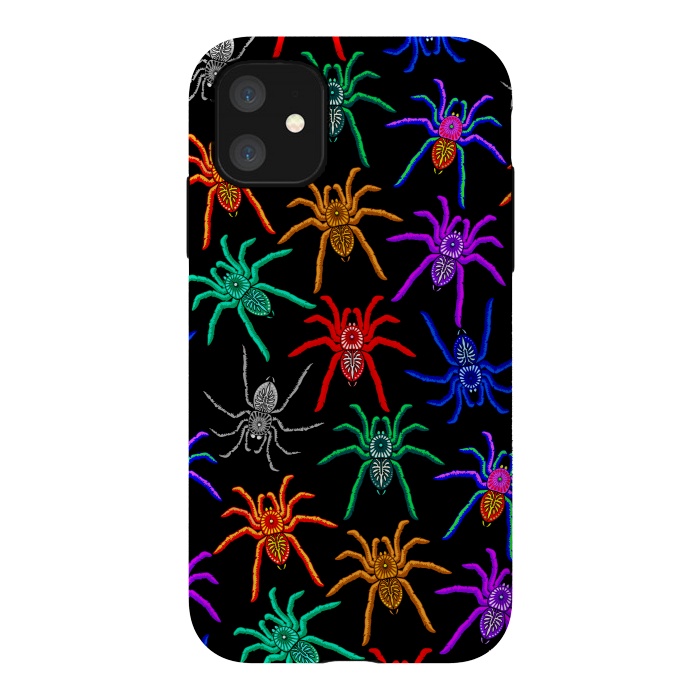 iPhone 11 StrongFit Spiders Pattern Colorful Tarantulas on Black by BluedarkArt