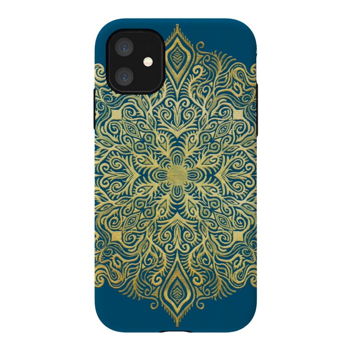 iPhone 11 StrongFit Ornate Gold Mandala on Deep Blue by Micklyn Le Feuvre