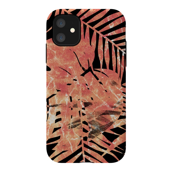 iPhone 11 StrongFit Golden palm and ficus tropical marble leaves on black background by Oana 