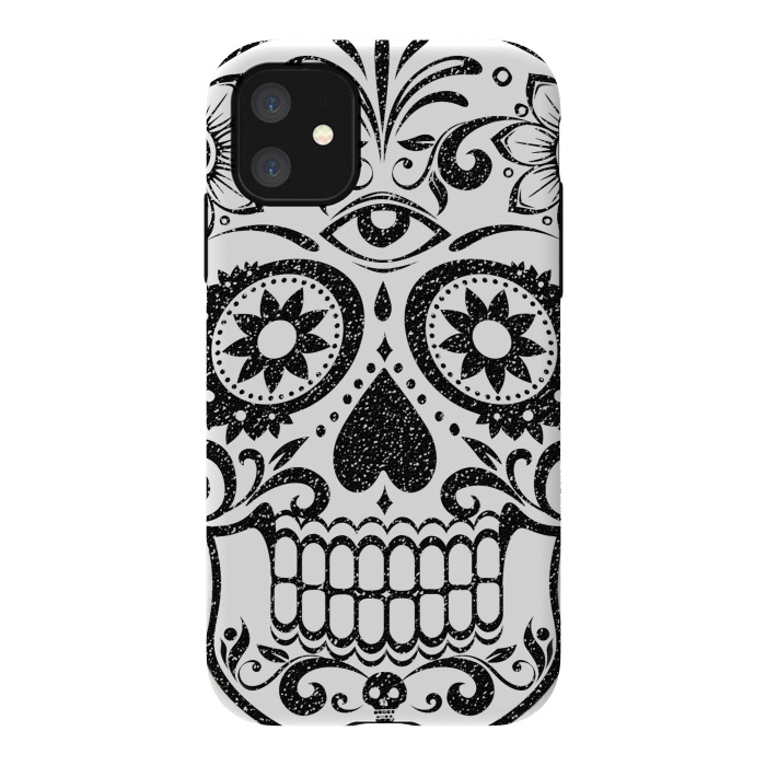 iPhone 11 StrongFit Black glitter decorated floral sugar skull - Halloween by Oana 