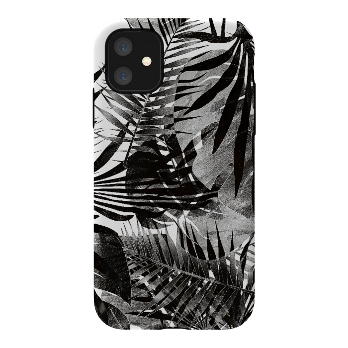 iPhone 11 StrongFit Black ink tropical palm and ficus leaves monochrome jungle by Oana 