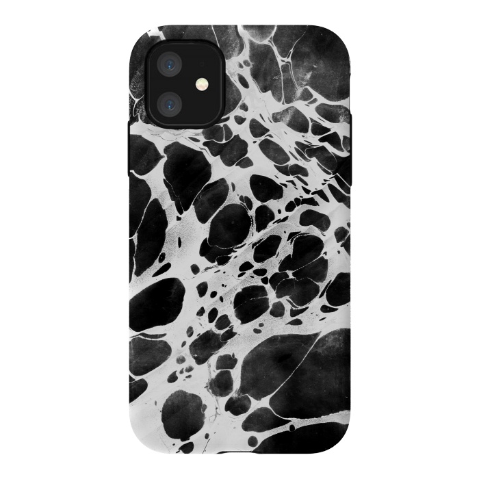 iPhone 11 StrongFit Dark marble with white bubble ink lines by Oana 