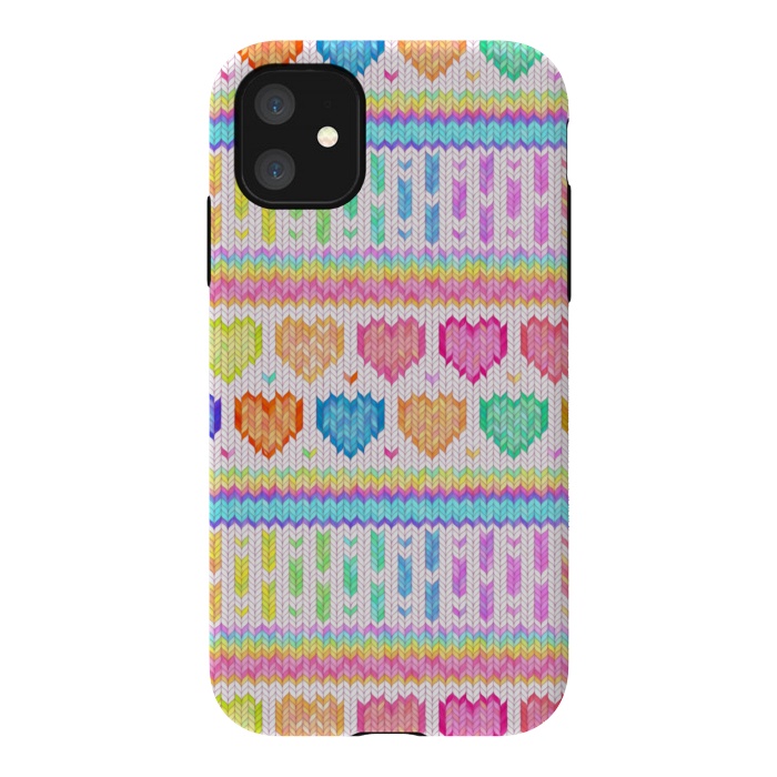 iPhone 11 StrongFit Cozy Knit with Rainbow Hearts on Off White by Micklyn Le Feuvre