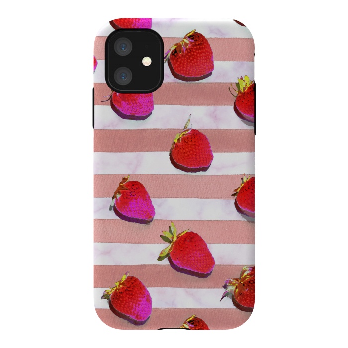 iPhone 11 StrongFit strawberries on watercolor painted stripes by Oana 