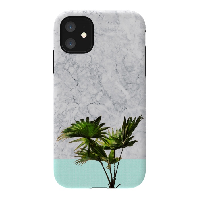 iPhone 11 StrongFit Palm Plant on Marble and Pastel Blue Wall by amini54