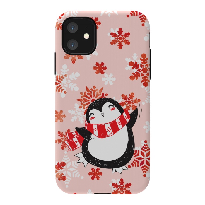 iPhone 11 StrongFit Happy penguin and metallic snowflakes - winter illustration by Oana 