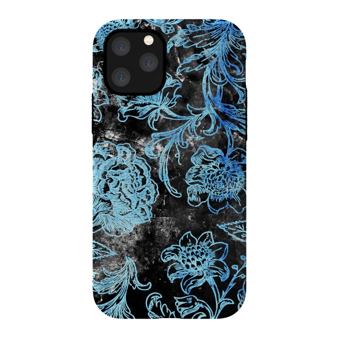 iPhone 11 Pro StrongFit Blue line art flowers on black marble by Oana 