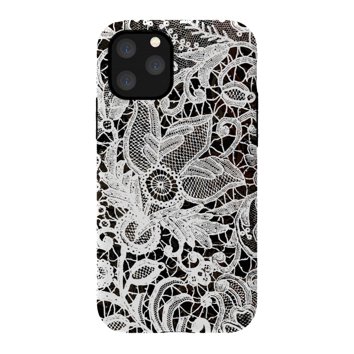 iPhone 11 Pro StrongFit White floral vintage lace on black by Oana 