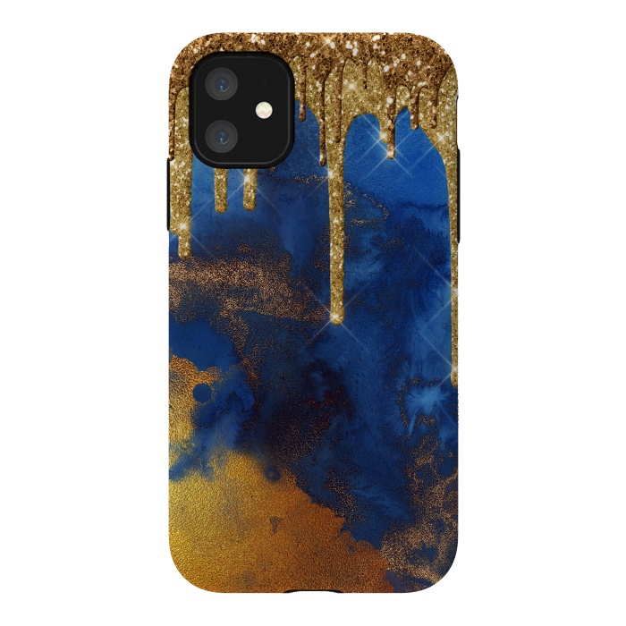 iPhone 11 StrongFit Raining Gold Glitter and Foil on Indigo Marble Ink by  Utart