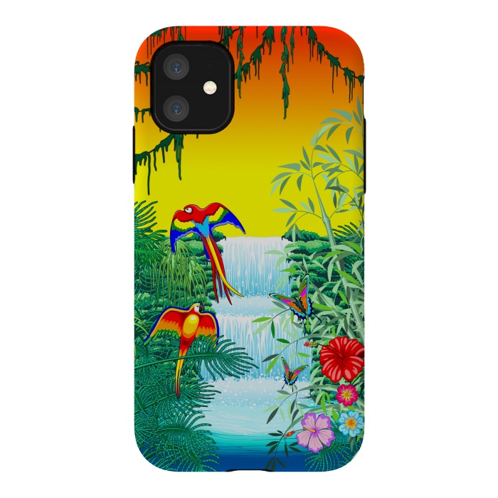 iPhone 11 StrongFit Waterfall Macaws and Butterflies on Exotic Landscape by BluedarkArt