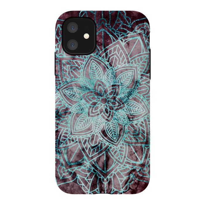 iPhone 11 StrongFit Blue metallic floral mandala on dark cherry red marble by Oana 