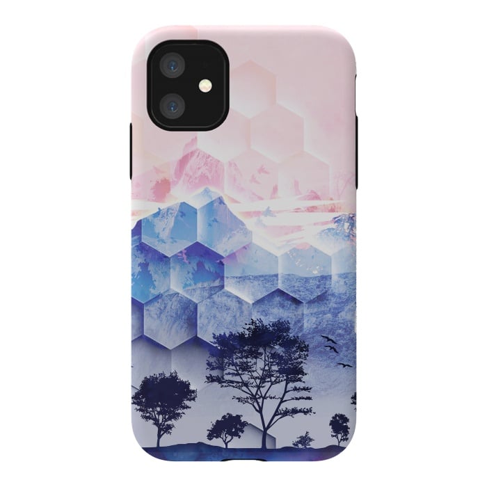 iPhone 11 StrongFit Pink blue geometric mountain utopic landscape and trees by Oana 