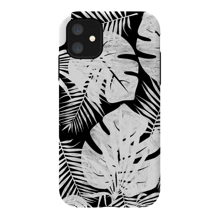 iPhone 11 StrongFit White textured jungle leaves on black backround by Oana 