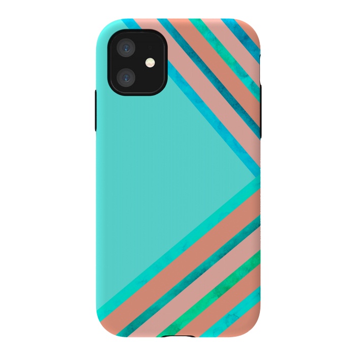 iPhone 11 StrongFit Blue and Peach Stripes by Amaya Brydon