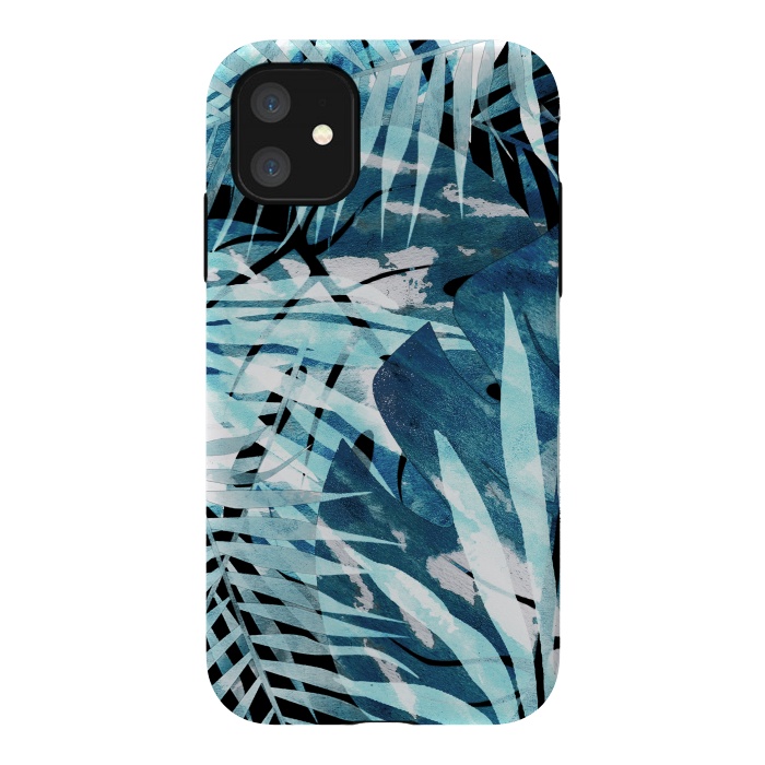 iPhone 11 StrongFit Turquosie watercolor painted tropical leaves by Oana 