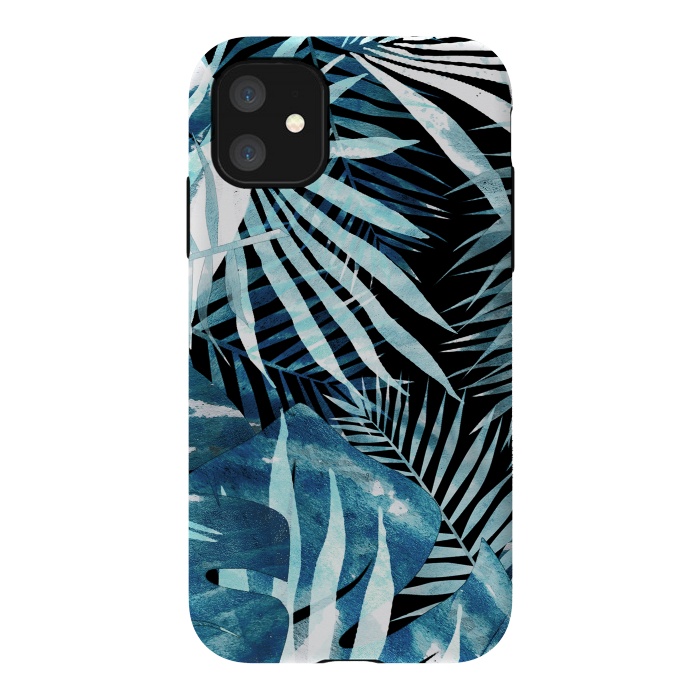 iPhone 11 StrongFit Turquoise black palm and ficus tropical leaves by Oana 