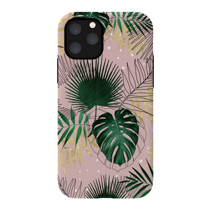 iPhone 11 Pro StrongFit Modern gold tropical leaves and doddles design  by InovArts