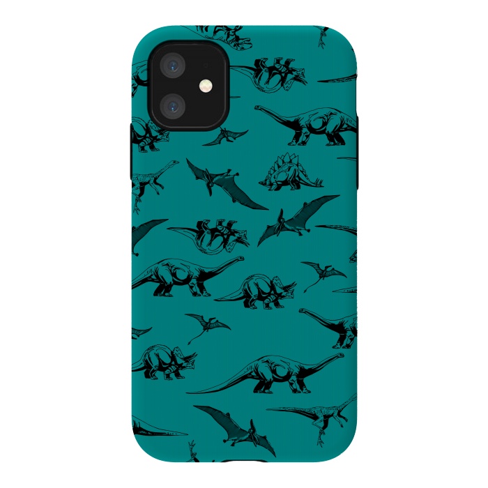 iPhone 11 StrongFit Dinosaurs on Teal Background by Karolina