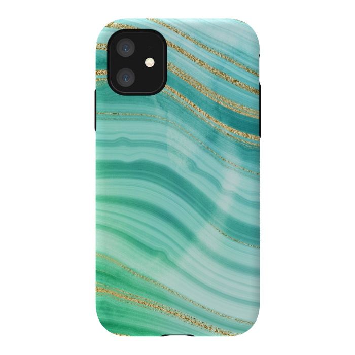 iPhone 11 StrongFit Teal Turquoise and Gold Foil Marble Waves by DaDo ART