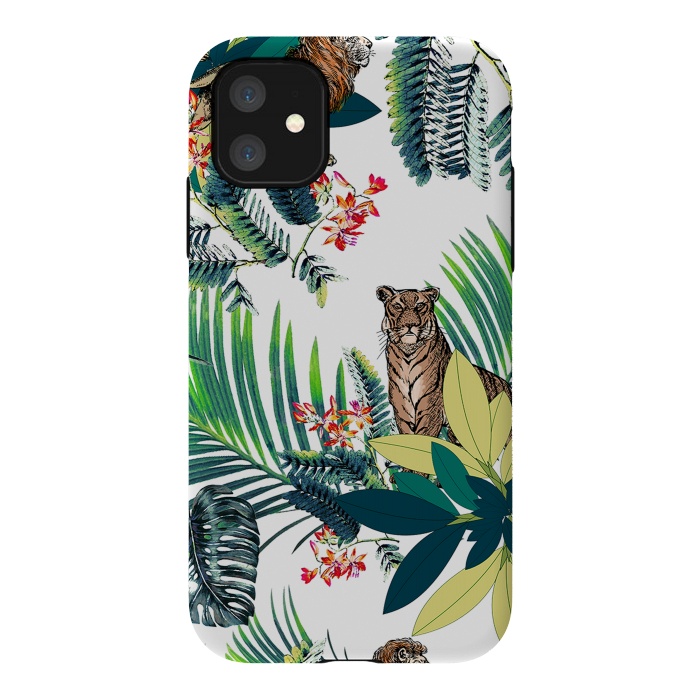 iPhone 11 StrongFit Tiger and tropical jungle leaves and flowers by Oana 