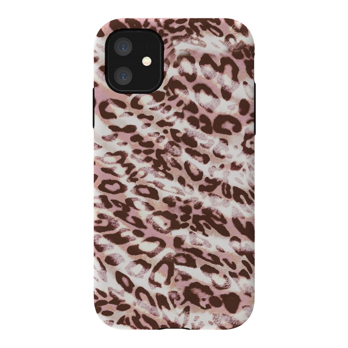 iPhone 11 StrongFit brushed pink grungy leopard print spots by Oana 