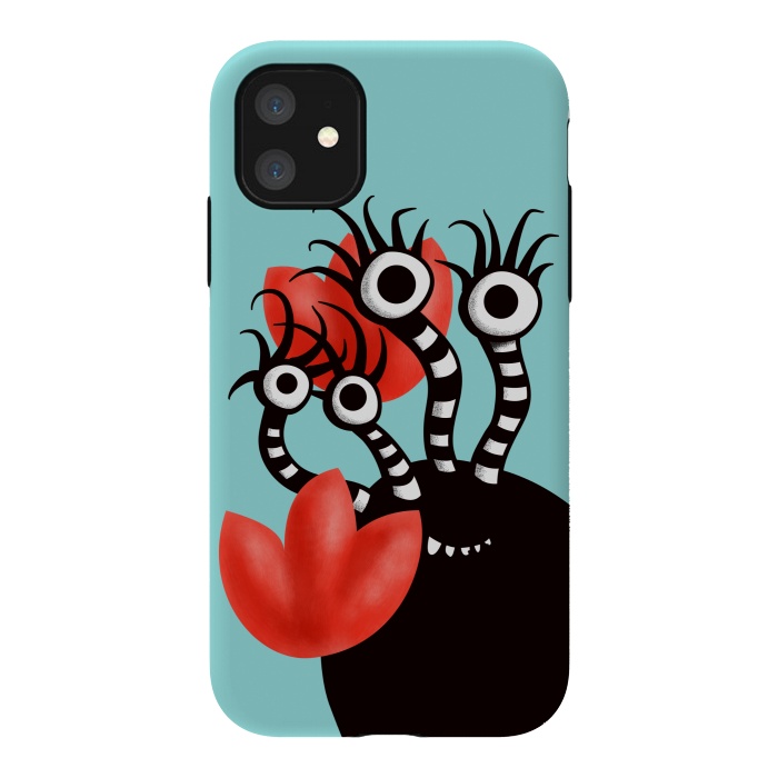 iPhone 11 StrongFit Cute Monster With Four Eyes And Abstract Tulips by Boriana Giormova