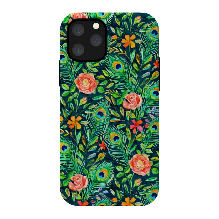 iPhone 11 Pro StrongFit Peacock Posies on Dark by Micklyn Le Feuvre