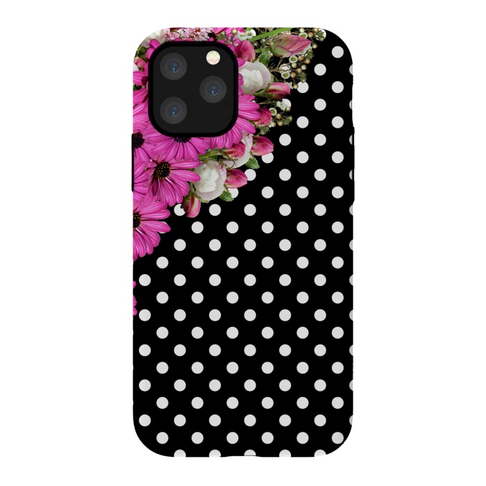 iPhone 11 Pro StrongFit Black and White Polka Dots and Pink Flowers by Alemi