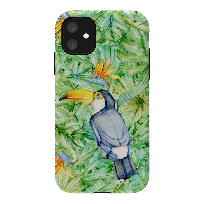 iPhone 11 StrongFit Toucan Tropical Leaves Watercolor by Alemi