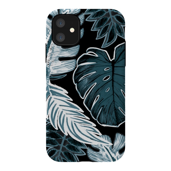 iPhone 11 StrongFit Green white tropical leaves hand sketch by Oana 