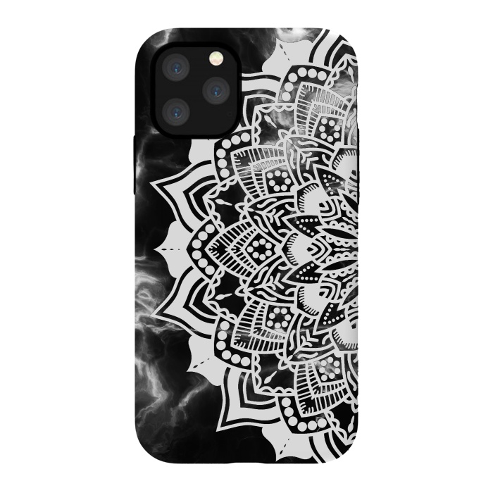 iPhone 11 Pro StrongFit White floral line art mandala on black marble by Oana 