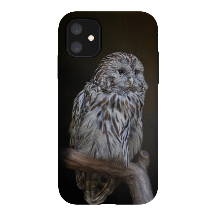 iPhone 11 StrongFit A lovely cute painted owl with a brown background by Simone Gatterwe