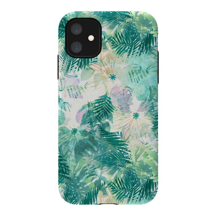iPhone 11 StrongFit Watercolor tropical leaves and flower petals by Oana 