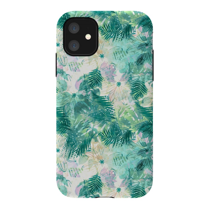 iPhone 11 StrongFit Tropical leaves and white watercolor flowers by Oana 