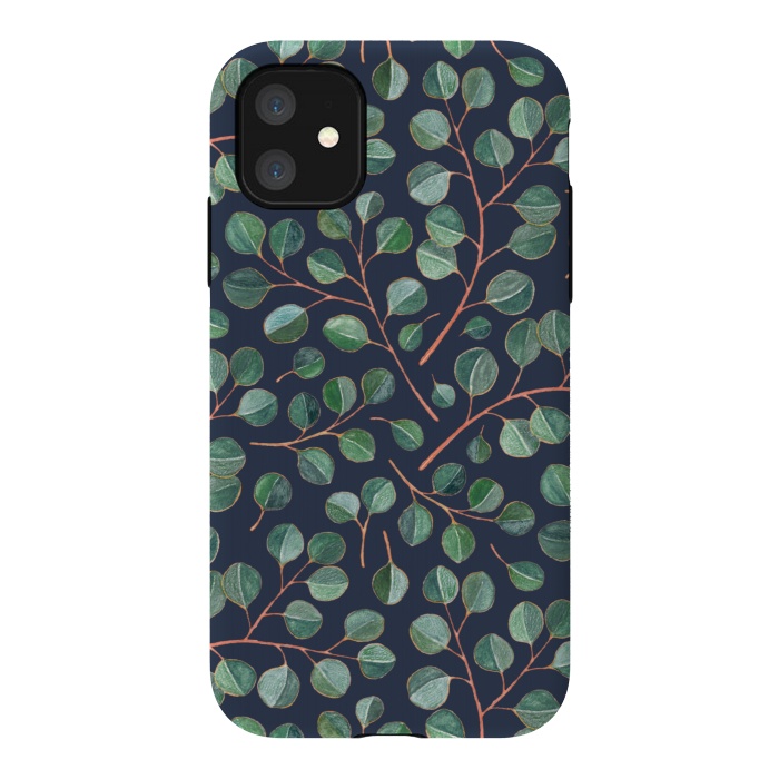 iPhone 11 StrongFit Simple Silver Dollar Eucalyptus Leaves on Navy Blue  by Micklyn Le Feuvre