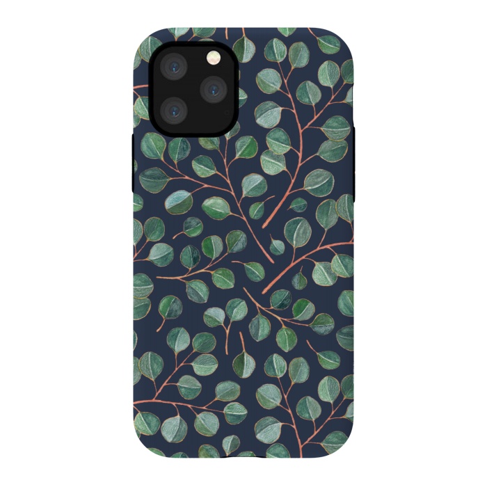 iPhone 11 Pro StrongFit Simple Silver Dollar Eucalyptus Leaves on Navy Blue  by Micklyn Le Feuvre