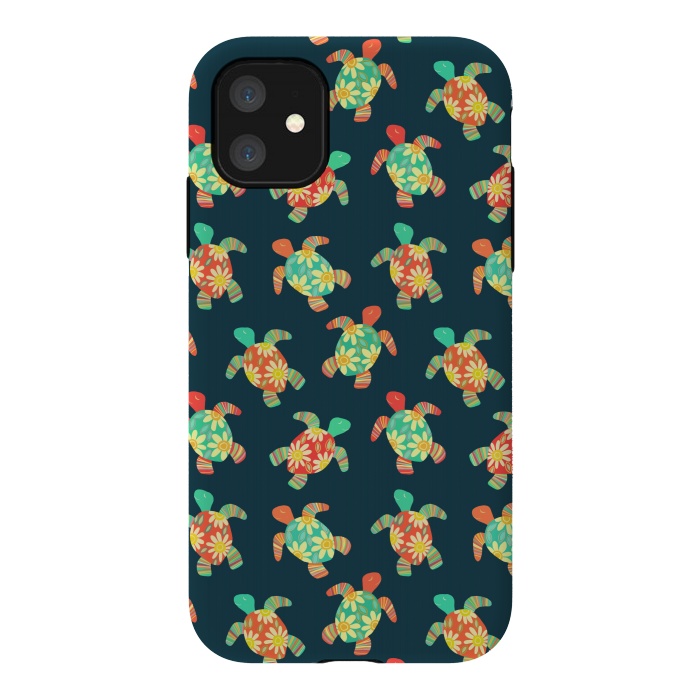 iPhone 11 StrongFit Cute Flower Child Hippy Turtles on Dark by Micklyn Le Feuvre