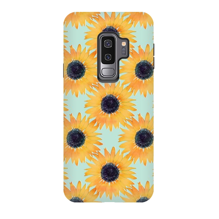 Galaxy S9 plus StrongFit Pretty Hand Drawn Yellow Sunflowers Paint Pattern by InovArts