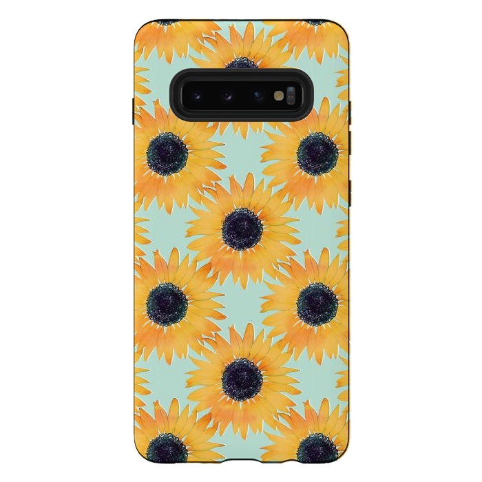 Galaxy S10 plus StrongFit Pretty Hand Drawn Yellow Sunflowers Paint Pattern by InovArts