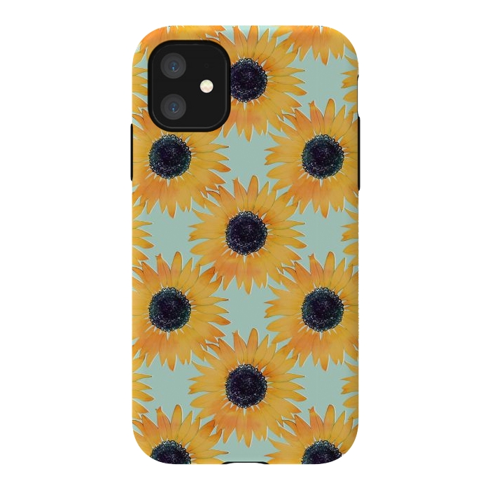 iPhone 11 StrongFit Pretty Hand Drawn Yellow Sunflowers Paint Pattern by InovArts