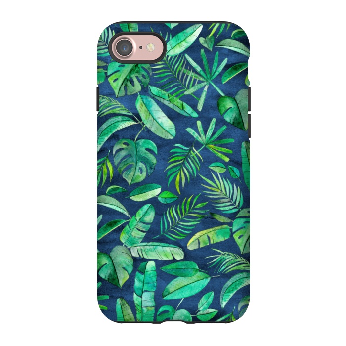 iPhone 7 StrongFit Emerald Tropical Leaf Scatter on textured Navy Blue by Micklyn Le Feuvre