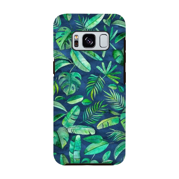 Galaxy S8 StrongFit Emerald Tropical Leaf Scatter on textured Navy Blue by Micklyn Le Feuvre
