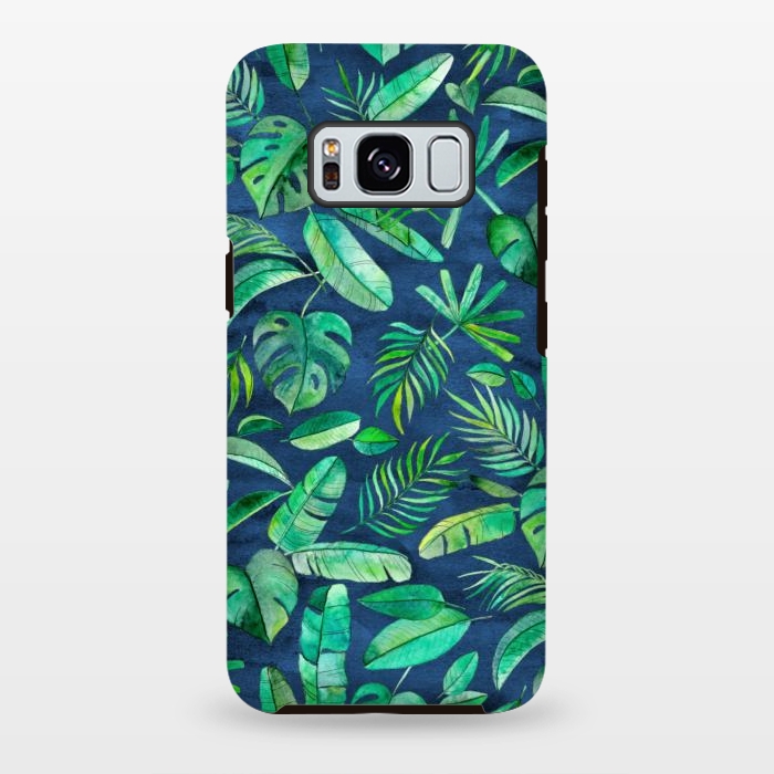 Galaxy S8 plus StrongFit Emerald Tropical Leaf Scatter on textured Navy Blue by Micklyn Le Feuvre