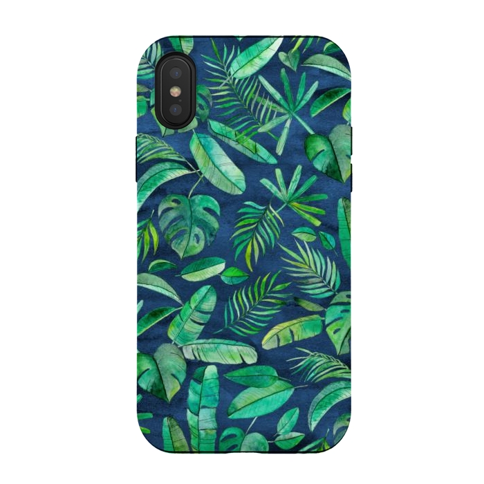iPhone Xs / X StrongFit Emerald Tropical Leaf Scatter on textured Navy Blue by Micklyn Le Feuvre