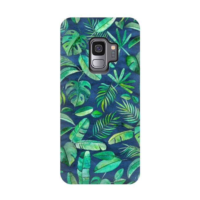Galaxy S9 StrongFit Emerald Tropical Leaf Scatter on textured Navy Blue by Micklyn Le Feuvre