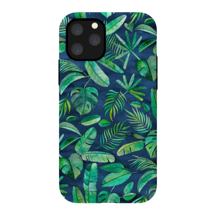 iPhone 11 Pro StrongFit Emerald Tropical Leaf Scatter on textured Navy Blue by Micklyn Le Feuvre