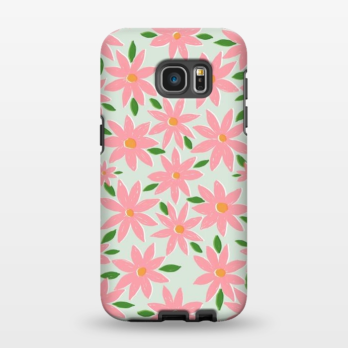Galaxy S7 EDGE StrongFit Pretty Hand Paint Pink Daisy Flowers Mint Design by InovArts