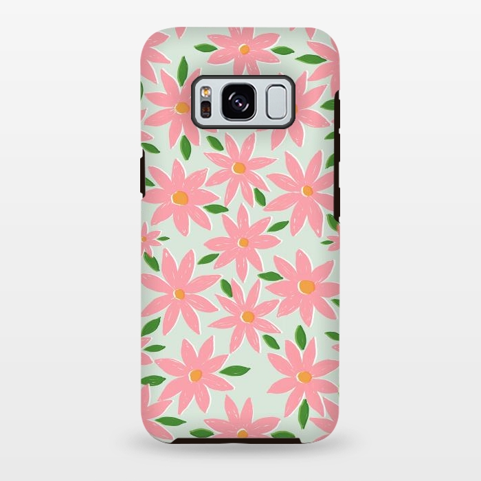 Galaxy S8 plus StrongFit Pretty Hand Paint Pink Daisy Flowers Mint Design by InovArts