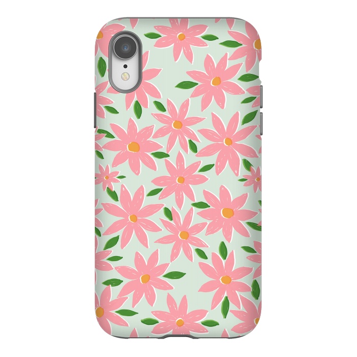 iPhone Xr StrongFit Pretty Hand Paint Pink Daisy Flowers Mint Design by InovArts